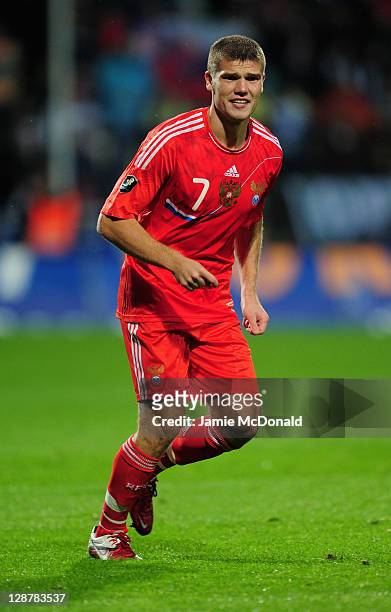 Igor Denisov of Russia in action during the EURO 2012, Group B qualifier between Slovakia and Russia at the MSK Zilina stadium on October 7, 2011 in...