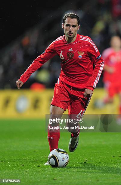 Roman Sirokov of Russia in action during the EURO 2012, Group B qualifier between Slovakia and Russia at the MSK Zilina stadium on October 7, 2011 in...