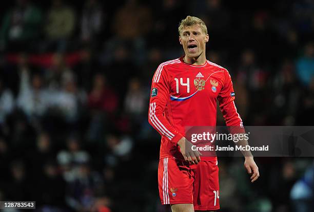 Pavel Pogrebnak of Russia in action during the EURO 2012, Group B qualifier between Slovakia and Russia at the MSK Zilina stadium on October 7, 2011...