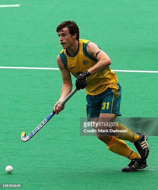 Fergus Kavanagh of the Kookaburras controls the ball during the Oceania Cup match between Australia and New Zealand at Hobart Hockey Centre on...