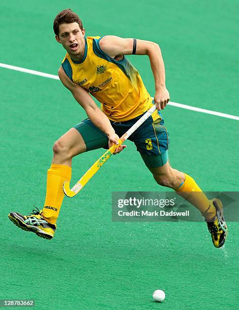 Simon Orchard of the Kookaburras controls the ball during the Oceania Cup match between Australia and New Zealand at Hobart Hockey Centre on October...