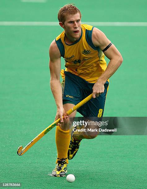 Matthew Butturini of the Kookaburras controls the ball during the Oceania Cup match between Australia and New Zealand at Hobart Hockey Centre on...