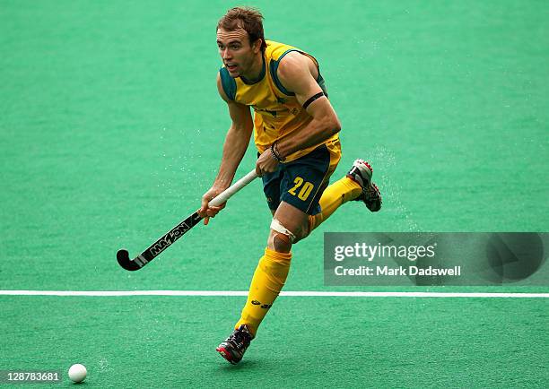 Matthew Swann of the Kookaburras controls the ball during the Oceania Cup match between Australia and New Zealand at Hobart Hockey Centre on October...