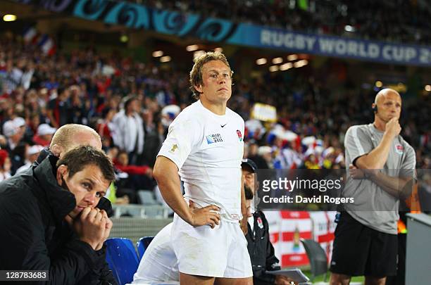 Jonny Wilkinson of England looks dejected during quarter final two of the 2011 IRB Rugby World Cup between England and France at Eden Park on October...