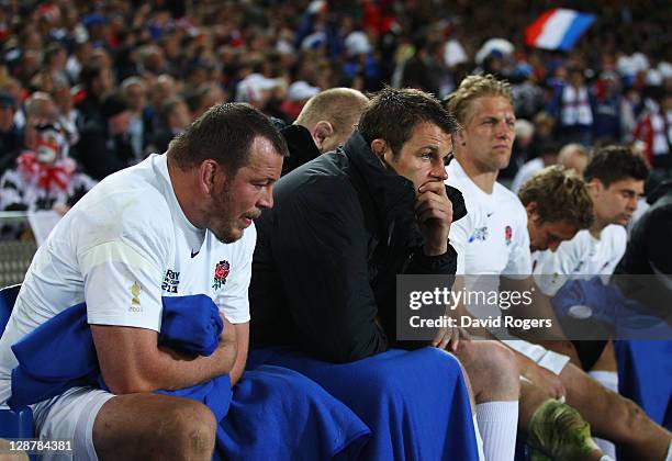 Steve Thompson, Louis Deacon, Lewis Moody of England look dejected after their teams defeat during quarter final two of the 2011 IRB Rugby World Cup...