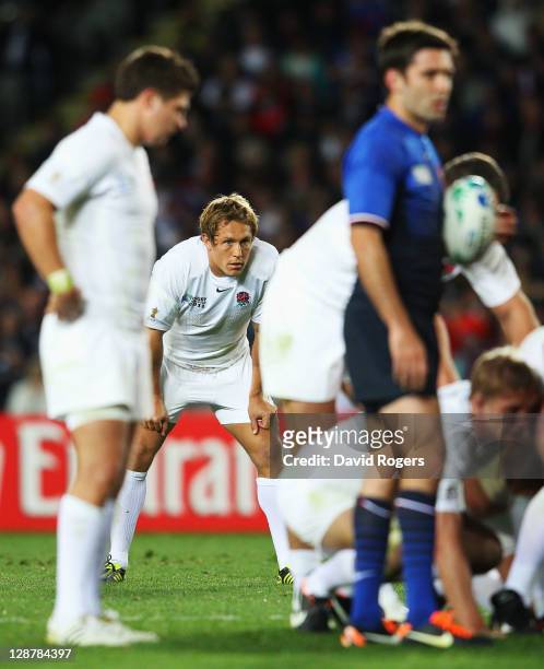 Jonny Wilkinson of England looks on during quarter final two of the 2011 IRB Rugby World Cup between England and France at Eden Park on October 8,...