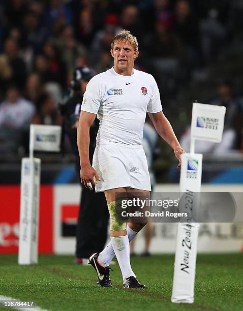 Lewis Moody, the England captain, walks off the field during quarter final two of the 2011 IRB Rugby World Cup between England and France at Eden...