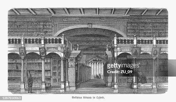 bodleian library, university of oxford, england, holzstich, veröffentlicht 1893 - bücherregal stock-grafiken, -clipart, -cartoons und -symbole