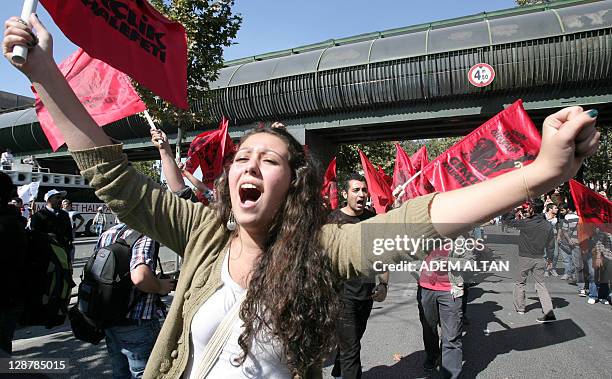 Demonstrators shout anti-government slogans during a rally callled by Turkish civil servant, students and journalists unions to protest against the...