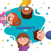 Happy childrens day with boys and girls cartoons vector design