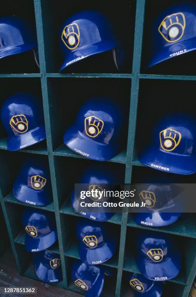 General view of the helmet storage rack for the Milwaukee Brewers batters during the Major League Baseball American League West game against the...
