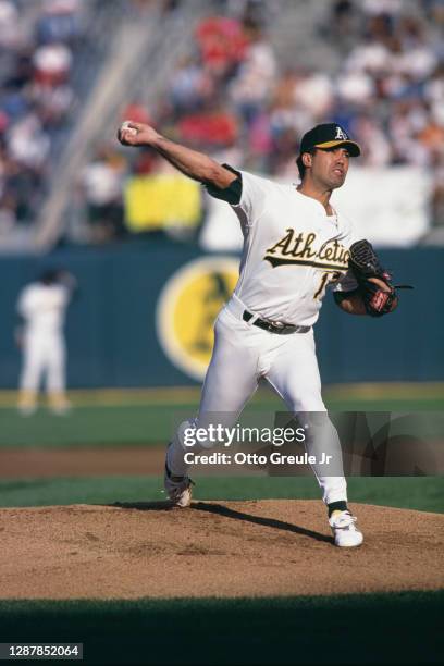 Ron Darling, Pitcher for the Oakland Athletics prepares to throw a pitch during the Major League Baseball American League West game against the...