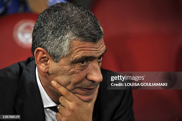 Greece's coach Fernando Santos looks on during the Greece vs Croatia group F qualification match for the Euro 2012 at the Karaiskaki stadium in...