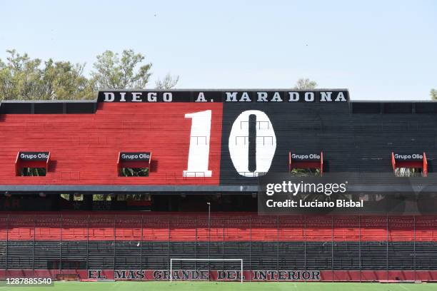 Number ten was painted overnight by fans of Newell's Old Boys after the news of the death of Maradona was known at Estadio Marcelo Bielsa in Rosario,...