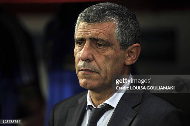 Greece's coach Fernando Santos looks on during the Greece vs Croatia group F qualification match for the Euro 2012 at the Karaiskaki stadium in...