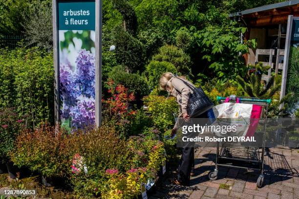 Cliente dans un rayon de la jardinerie "Botanic" après le déconfinement qui suit l'épidémie de coronavirus Covid-19, le 19 mai 2020 à Lyon, France.