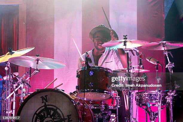 Drummer De'Mar Hamilton of Plain White T's performs at El Rey Theatre on October 7, 2011 in Los Angeles, California.