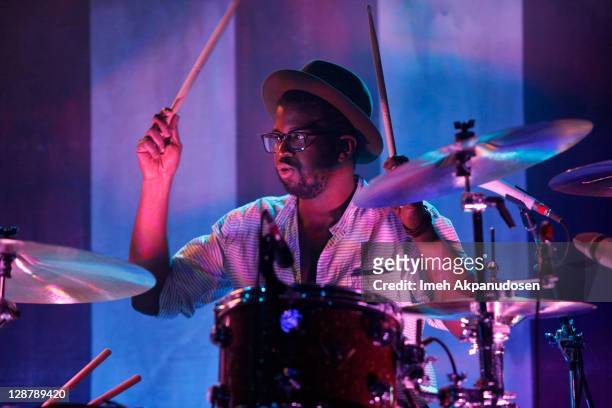 Drummer De'Mar Hamilton of Plain White T's performs at El Rey Theatre on October 7, 2011 in Los Angeles, California.