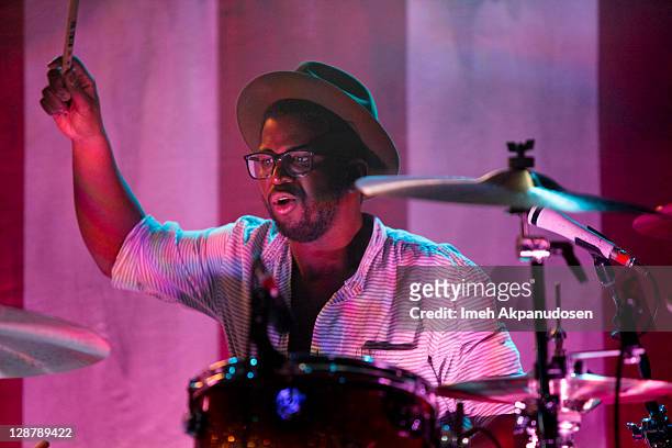 Drummer De'Mar Hamilton of Plain White T's performs at El Rey Theatre on October 7, 2011 in Los Angeles, California.