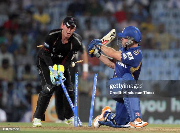 Mumbai Indian batsman, Aiden Blizzard being bowled by Somerset bowler Murali Kartik as wicket keeper Craig Kieswetter looks on during the Champions...