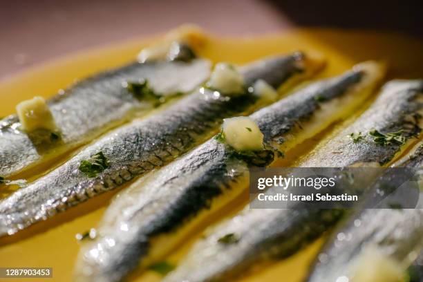 anchovy in vinegar. spanish tapa - anchovy bildbanksfoton och bilder