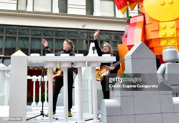 Goo Goo Dolls members John Rzeznik and Robby Takac perform atop the LEGO float at the 94th Annual Macy's Thanksgiving Day Parade® on November 24,...