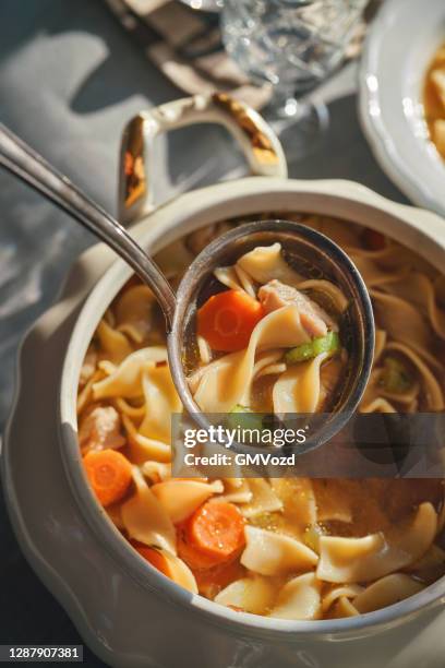 chicken noodles soup with fresh vegetables - chicken soup stock pictures, royalty-free photos & images