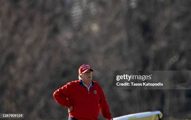 President Donald Trump golfs at Trump National Golf Club on November 26, 2020 in Sterling, Virginia. President Trump stayed in Washington, DC this...