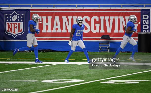 Detailed view of a Thanksgiving sign prior to a game between the Detroit Lions and the Houston Texans at Ford Field on November 26, 2020 in Detroit,...