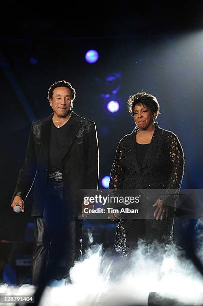 Smokey Robinson and Gladys Knight perform at the 'Michael Forever Tribute Concert' at Millennium Stadium on October 8, 2011 in Cardiff, Wales.