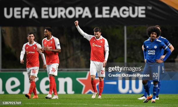 Paulinho of SC Braga celebrates after scoring their sides second goal during the UEFA Europa League Group G stage match between SC Braga and...