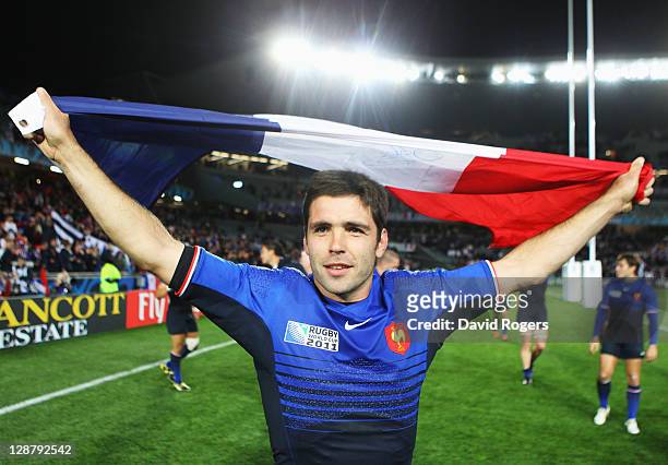 Dimitri Yachvili of France celebrates after his teams victory during quarter final two of the 2011 IRB Rugby World Cup between England and France at...