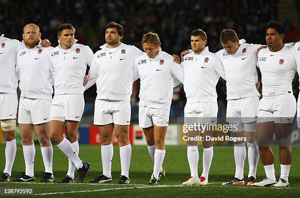 Jonny Wilkinson of England bows his head in the team line up during quarter final two of the 2011 IRB Rugby World Cup between England and France at...