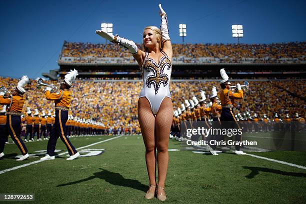 Member of the Golden Girls of Louisiana State University Tigers cheers before the game against the Florida Gators at Tiger Stadium on October 8, 2011...