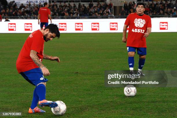 Argentine footballer Diego Armando Maradona and son Diego jr during the peace match at the Olympic stadium. Rome , October 12th, 2016