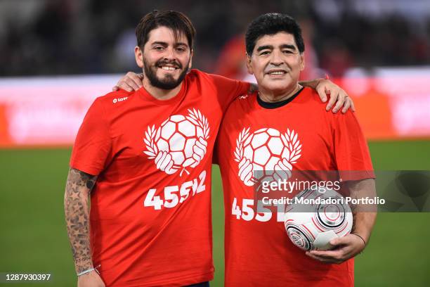 Argentine footballer Diego Armando Maradona and son Diego jr during the peace match at the Olympic stadium. Rome , October 12th, 2016