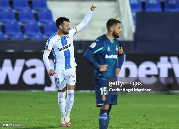 Jose Arnaiz of CD Leganes celebrates after scoring his team's second goal during the La Liga SmartBank match between CD Leganes and RCD Espanyol at...