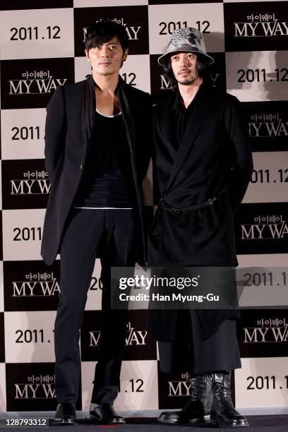 Actors Jang Dong-Gun and Odagiri Joe attend at the press conference of the 'My Way' during the 16th Busan International Film Festival at Shinsegae...