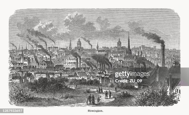 historical view of birmingham, england, wood engraving, published in 1893 - birmingham uk stock illustrations