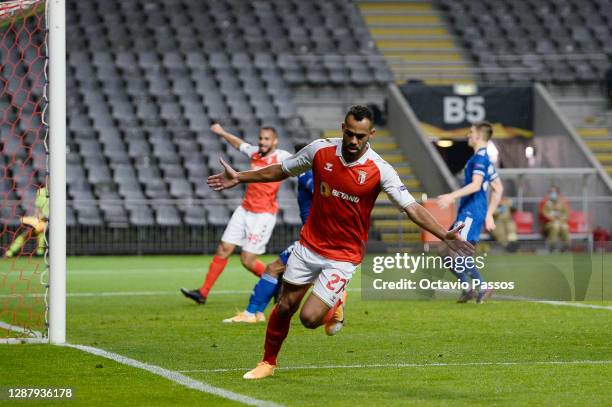 Fransergio of SC Braga celebrates after scoring their sides third goal during the UEFA Europa League Group G stage match between SC Braga and...
