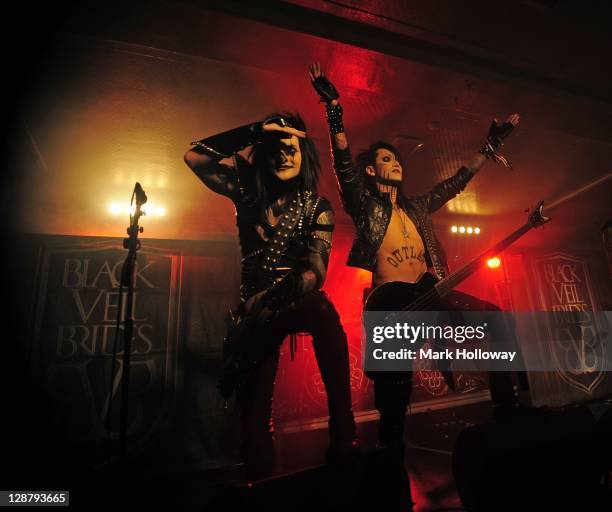 Jake Pitts and Ashley Purdy of Black Veil Brides performing on stage at Southampton University on October 6, 2011 in Southampton, United Kingdom.