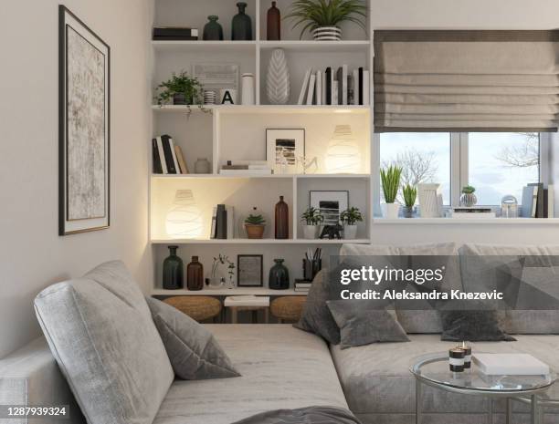 sala de estar doméstica - persiana-ventana fotografías e imágenes de stock