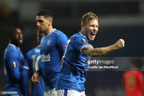 Scott Arfield of Rangers celebrates after scoring their sides first goal during the UEFA Europa League Group D stage match between Rangers and SL...