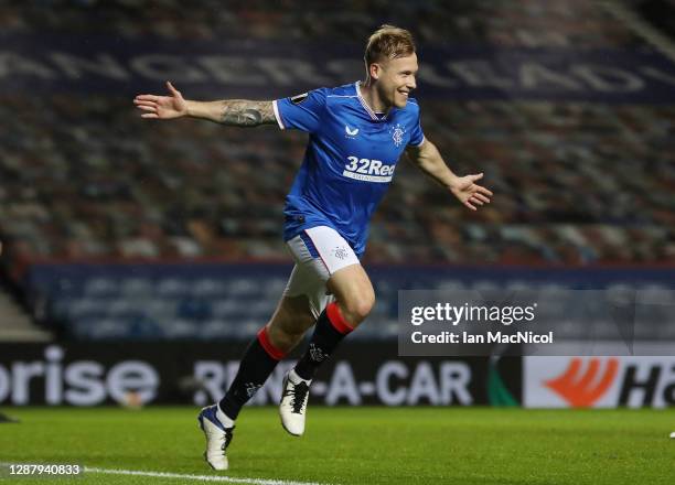 Scott Arfield of Rangers celebrates after scoring their sides first goal during the UEFA Europa League Group D stage match between Rangers and SL...