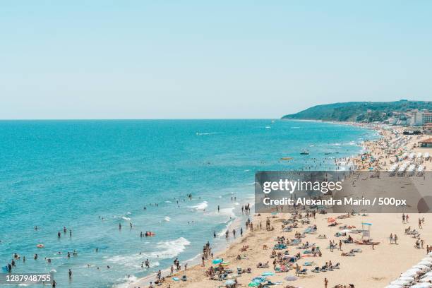 people at beach against clear sky,obzor,bulgaria - bulgarien stock-fotos und bilder