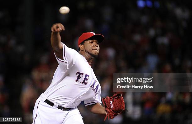 Neftali Feliz of the Texas Rangers throws a pitch against the Detroit Tigers in the ninth inning of Game One of the American League Championship...