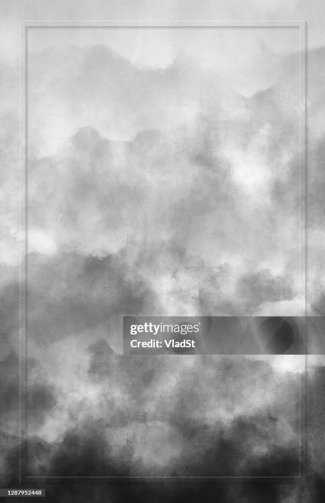 Nuvole grigie depressive Acquerello Grunge Sfondo astratto con spazio di copia cornice