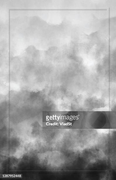 ilustrações, clipart, desenhos animados e ícones de depressivo cinza nuvens aquarela grunge fundo abstrato com espaço de cópia de quadro - greyscale