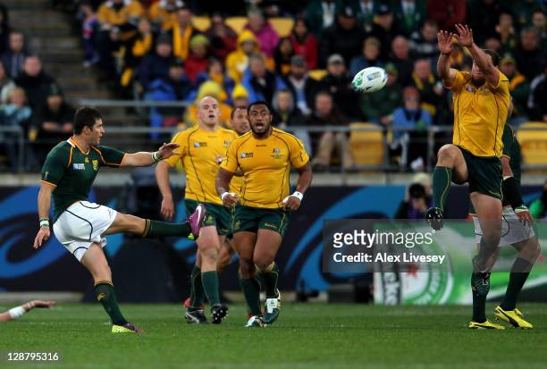 Morne Steyn of South Africa kicks a drop goal to give his team a 9-8 lead during quarter final three of the 2011 IRB Rugby World Cup between South...