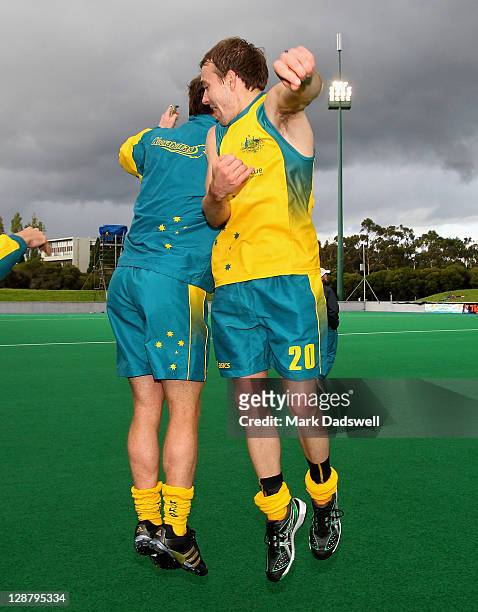 Matthew Swann of the Kookaburras celebrates their win in the Oceania Cup match between New Zealand and Australia at Hobart Hockey Centre on October...